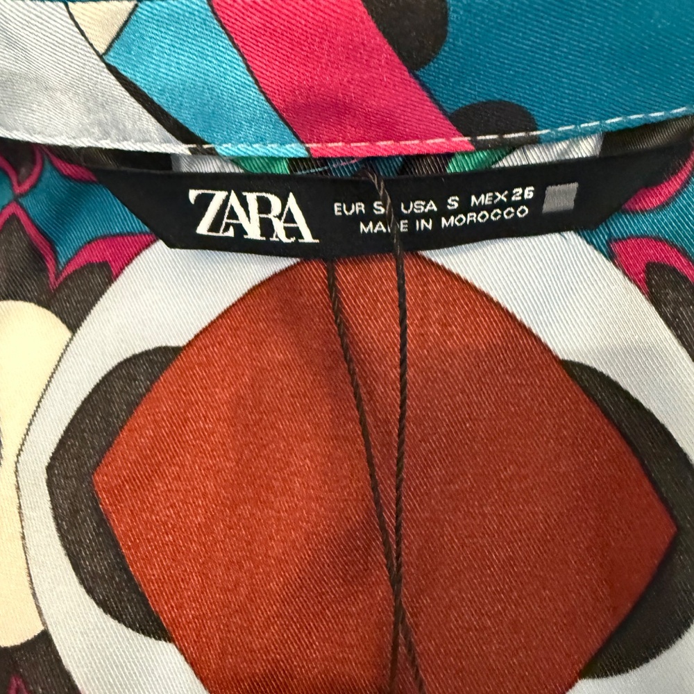 NWT Zara Colorful Printed Oversized button up shirt dress/tunic size S satiny - Picture 5 of 10